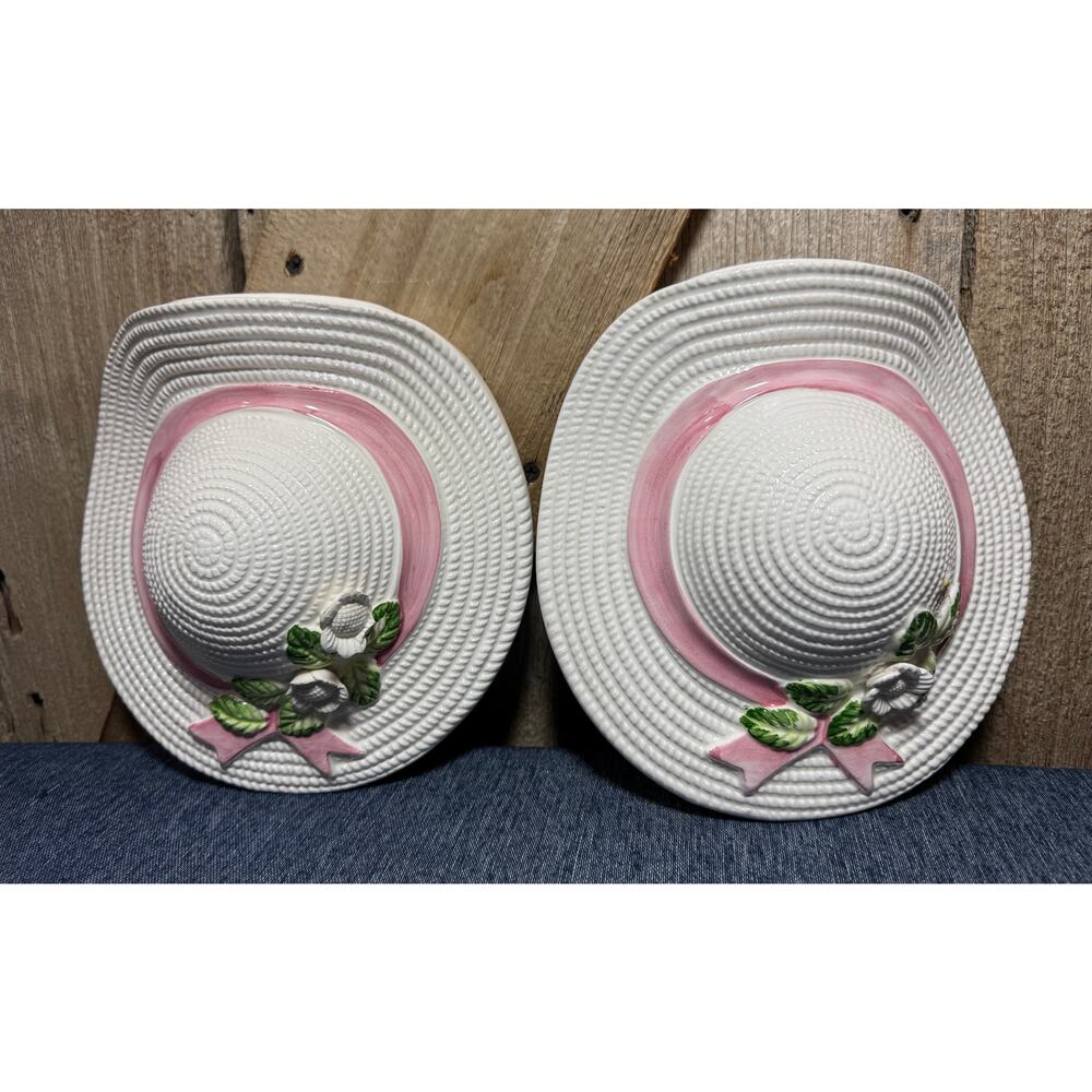 2- Burwood White Ceramic Straw Sun Hat Wall Pocket Planter Pink Ribbon and Roses